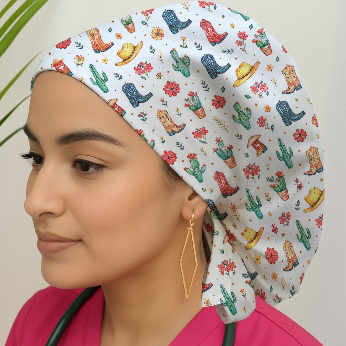 Whimsical Western Cactus Boots Scrub Cap