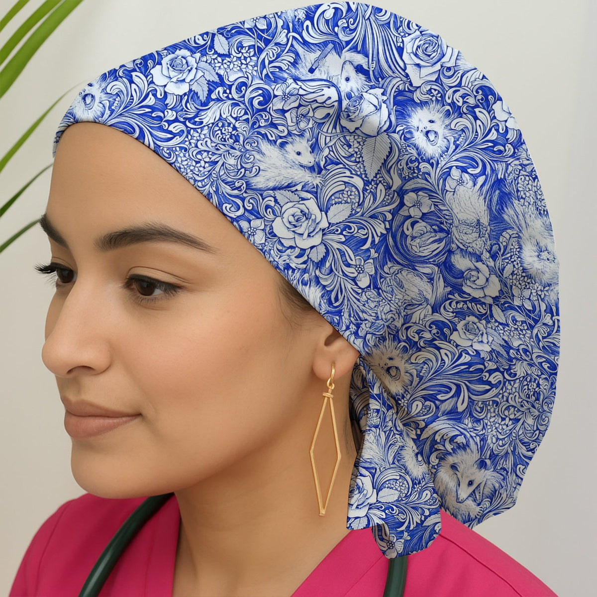 Blue Floral Opossum And Roses Scrub Cap