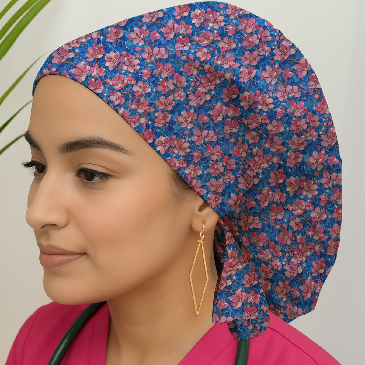 Pink Cherry Blossom Floral Nurse Scrub Cap