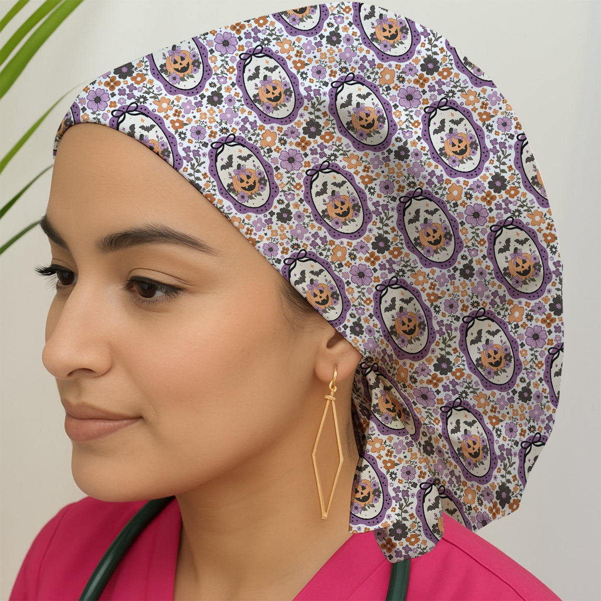 Pumpkin Floral Scrub Cap - Halloween Gift For Nurse