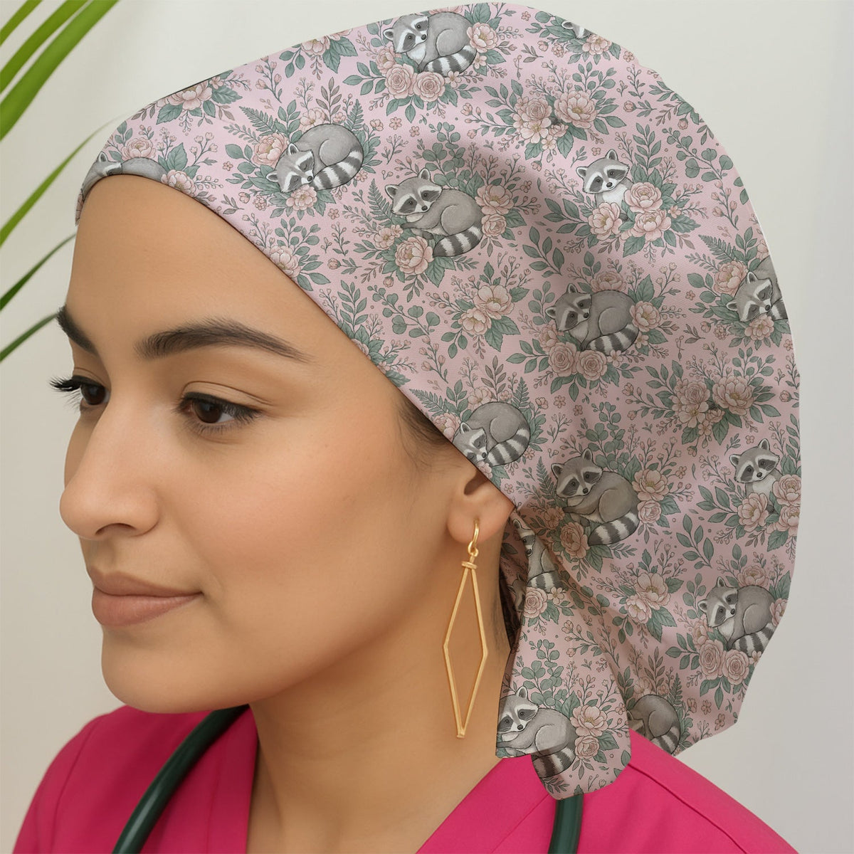 Sleeping Raccoon Rose Garden Scrub Cap