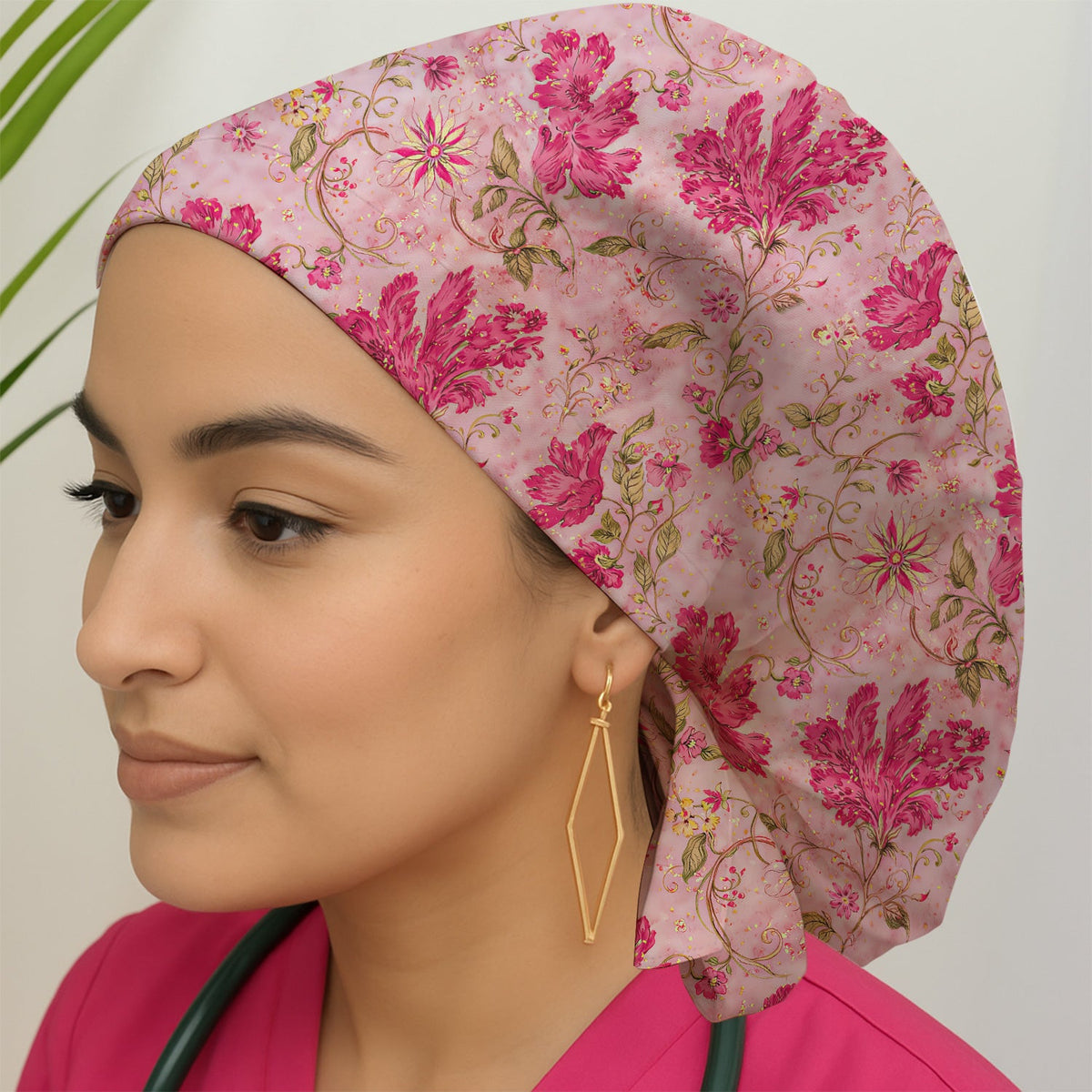 Elegant Pink Floral Vine Scrub Cap