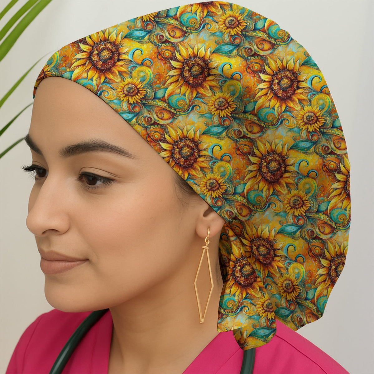 Sunflower Swirl Floral Scrub Cap
