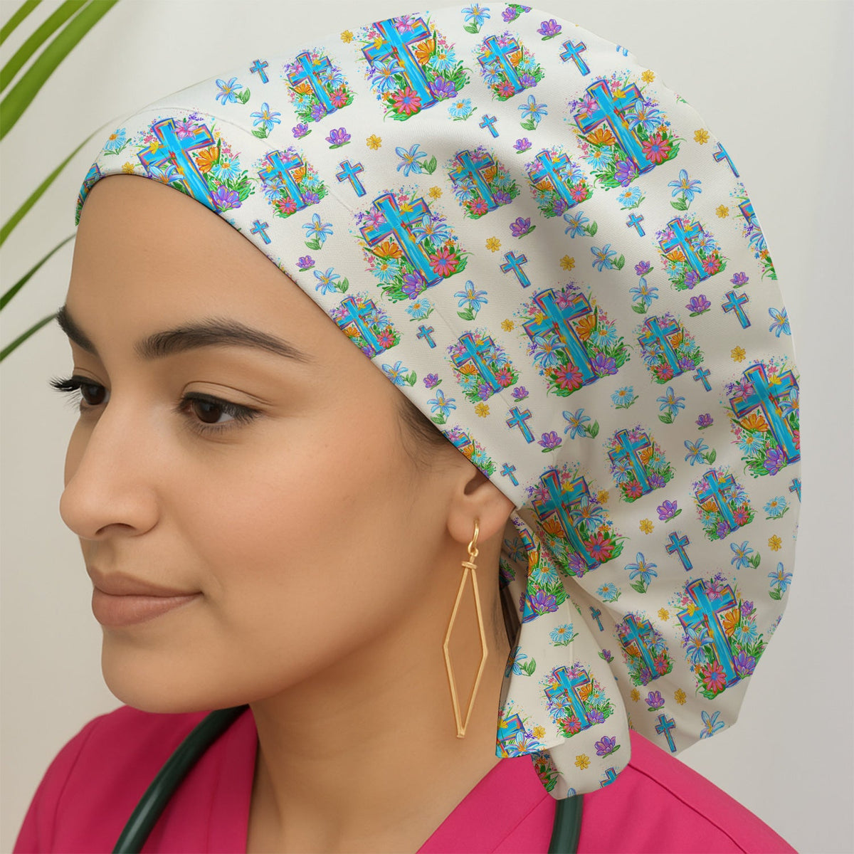 Christian Floral Cross Spring Scrub Cap