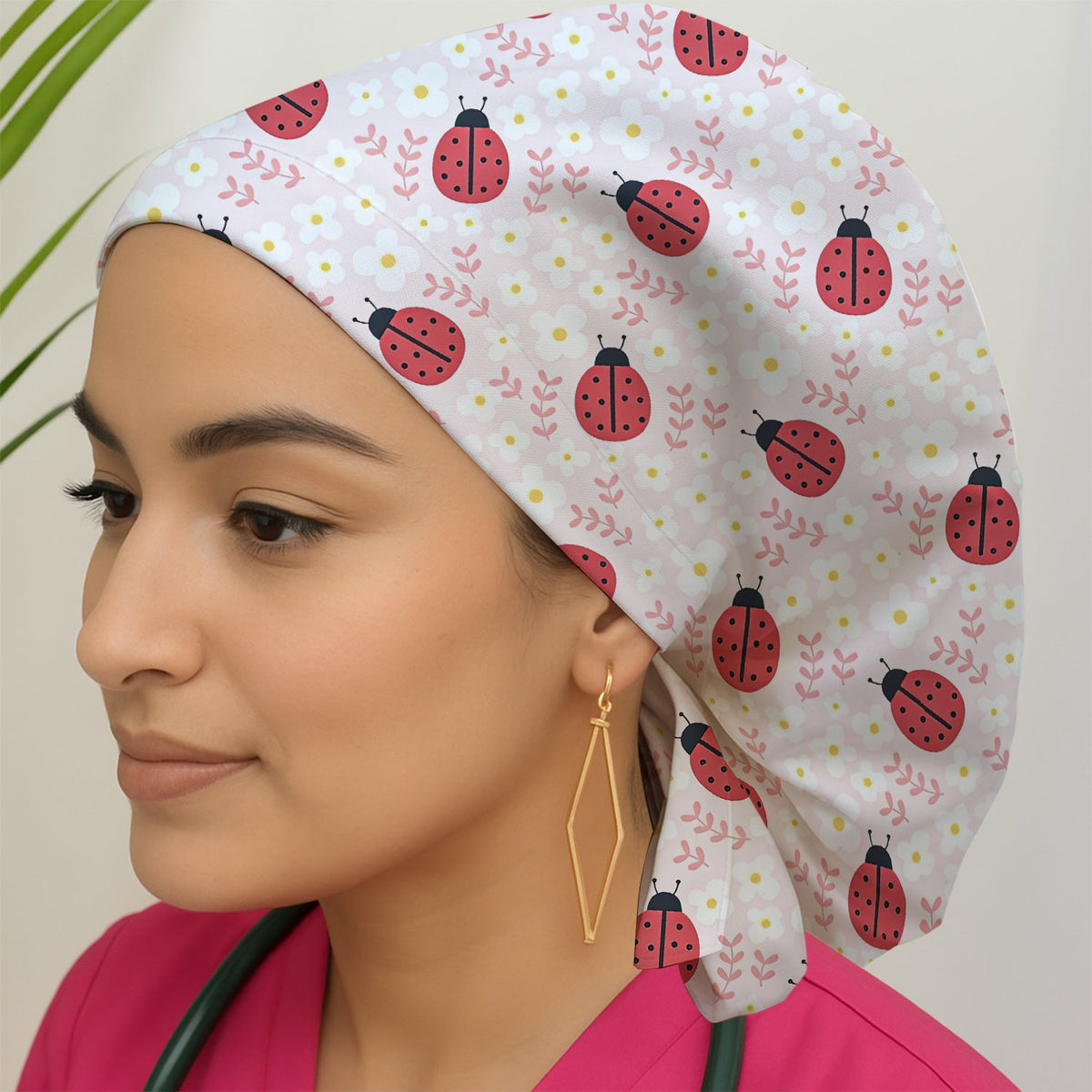 Lovely Ladybug Blossom Garden Scrub Cap