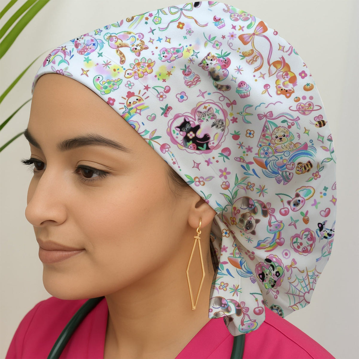 Kawaii Animal Rainbow Heart Scrub Cap