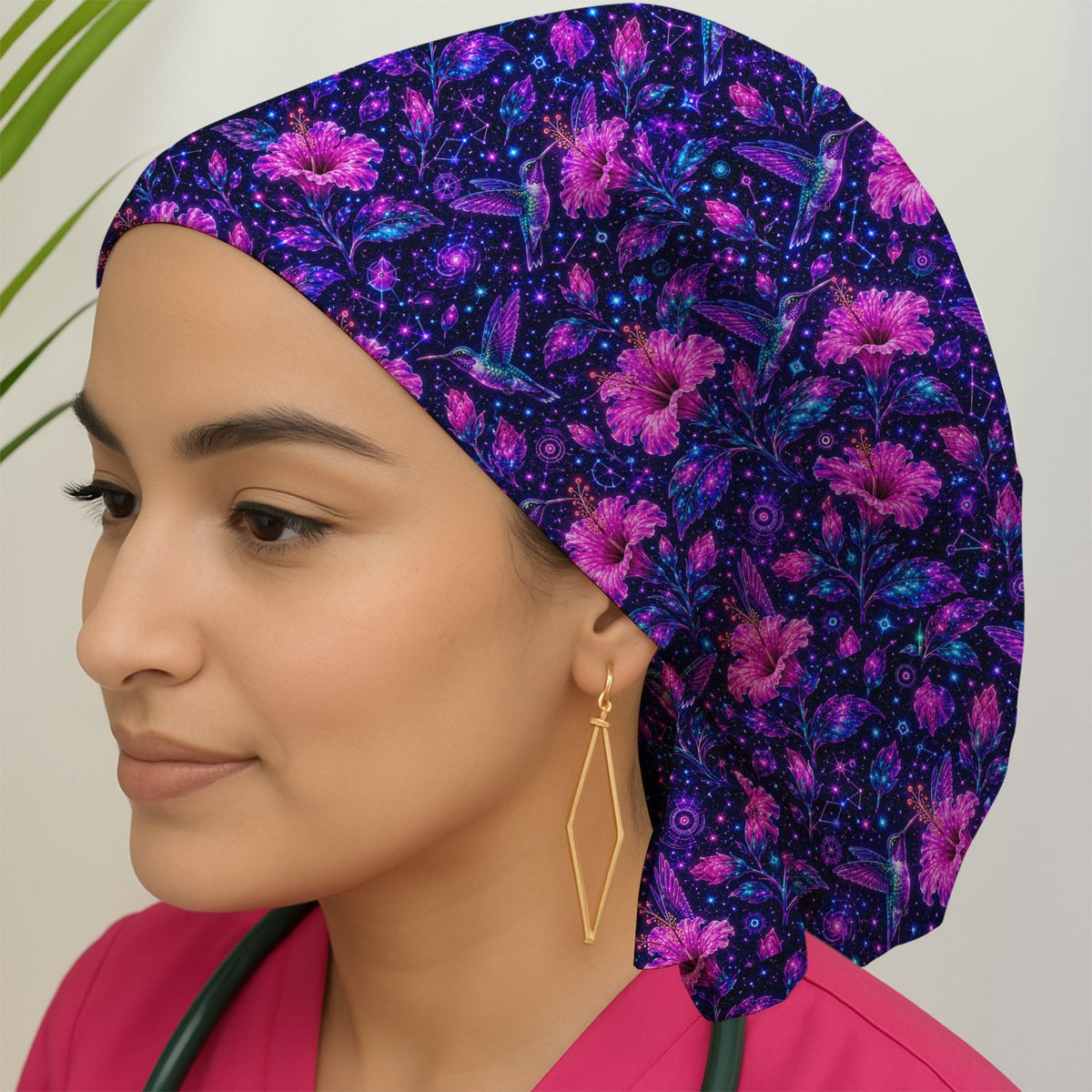 Galaxy Floral Hummingbird Scrub Cap
