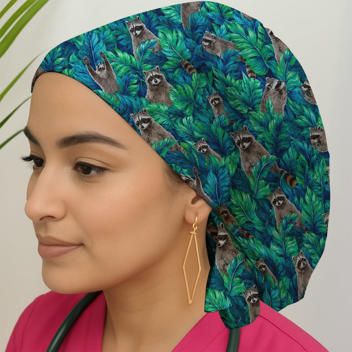 Tropical Raccoon Jungle Leaves Scrub Cap