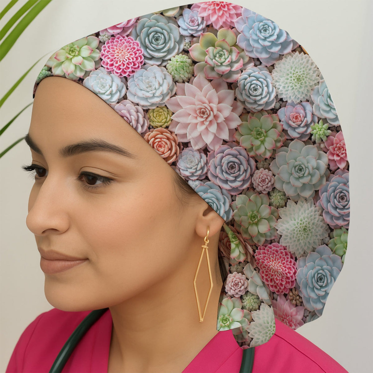 Pastel Succulent Blossom Scrub Cap