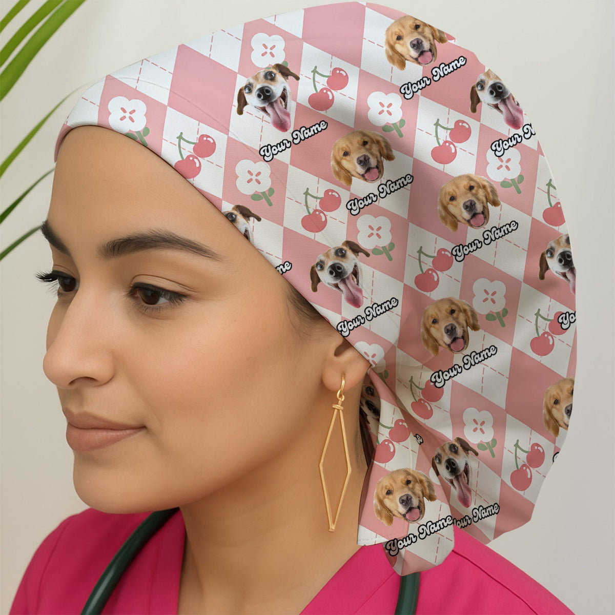 Dog Face Cherry Argyle Scrub Cap