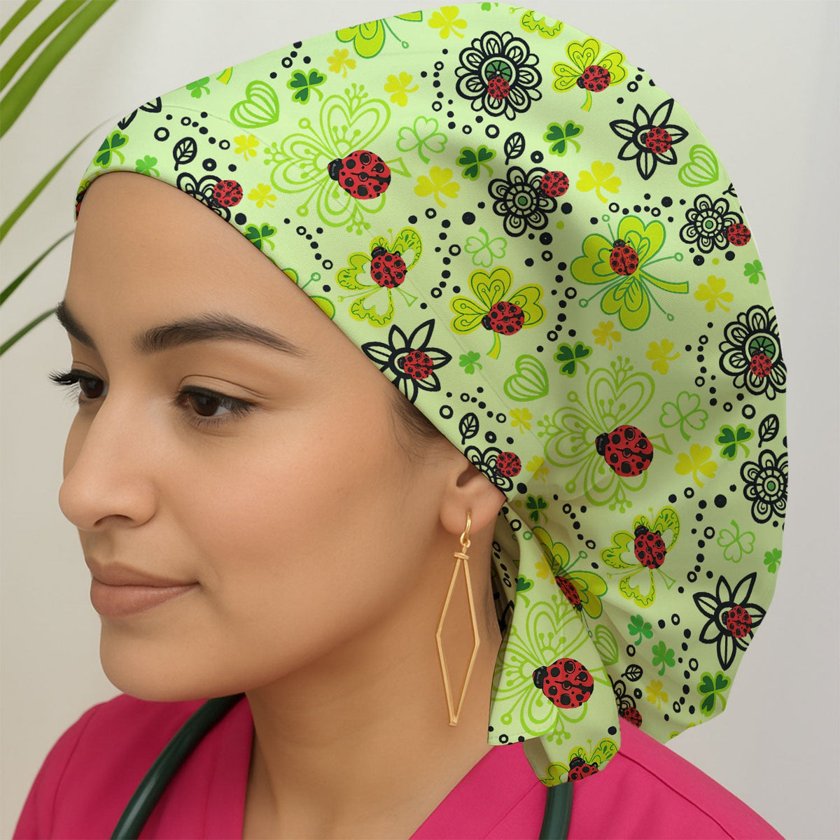 Ladybug Clover Floral Scrub Cap