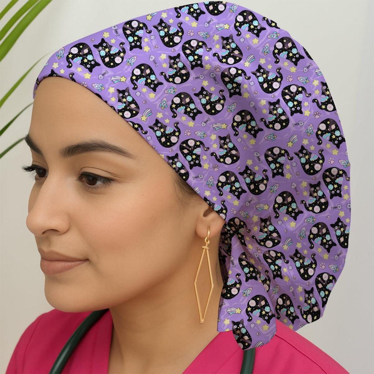 Galaxy Black Cat Space Scrub Cap