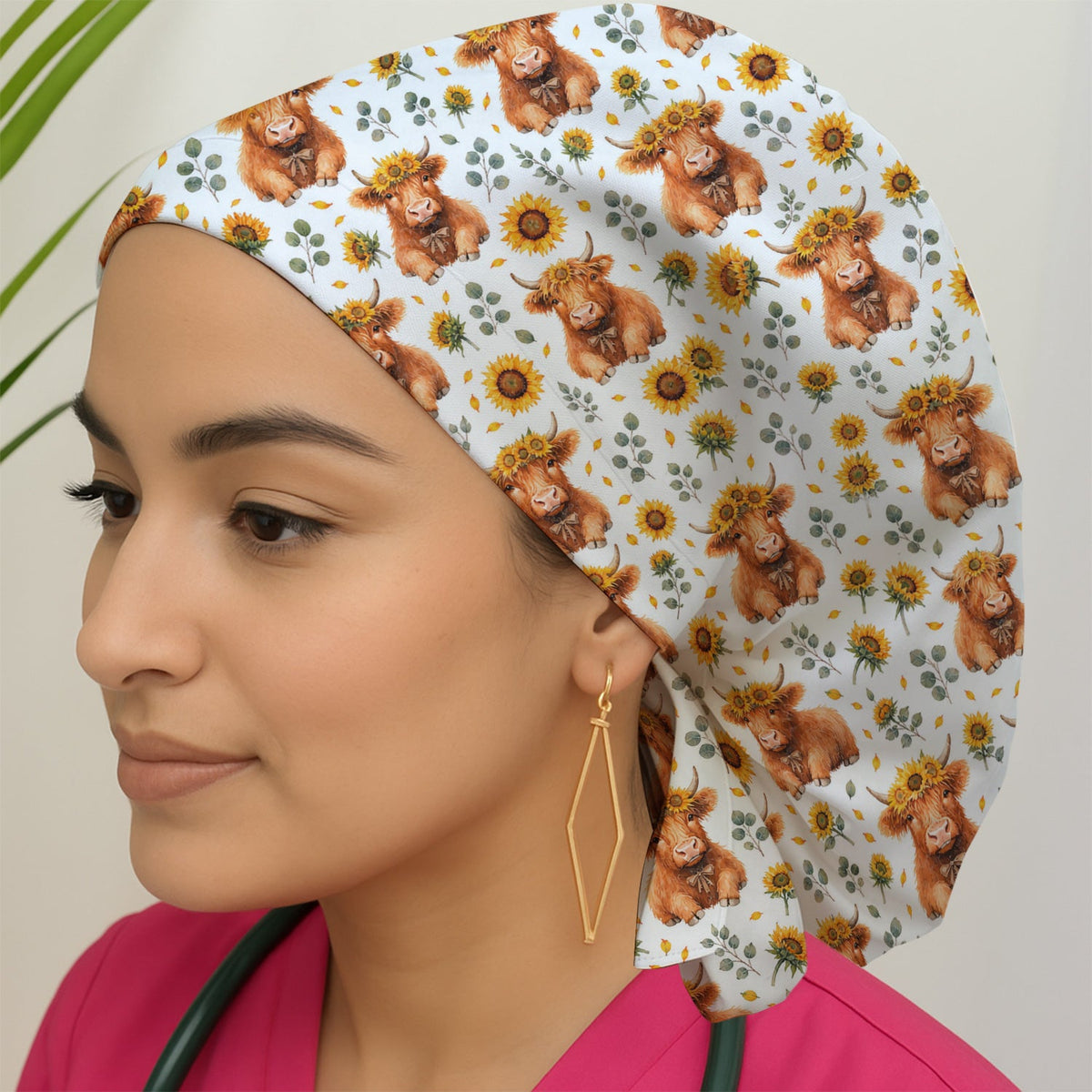 Rustic Highland Cow Floral Scrub Cap