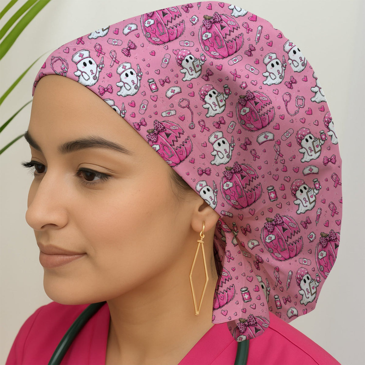Pink Ribbon Ghost Pattern Scrub Cap