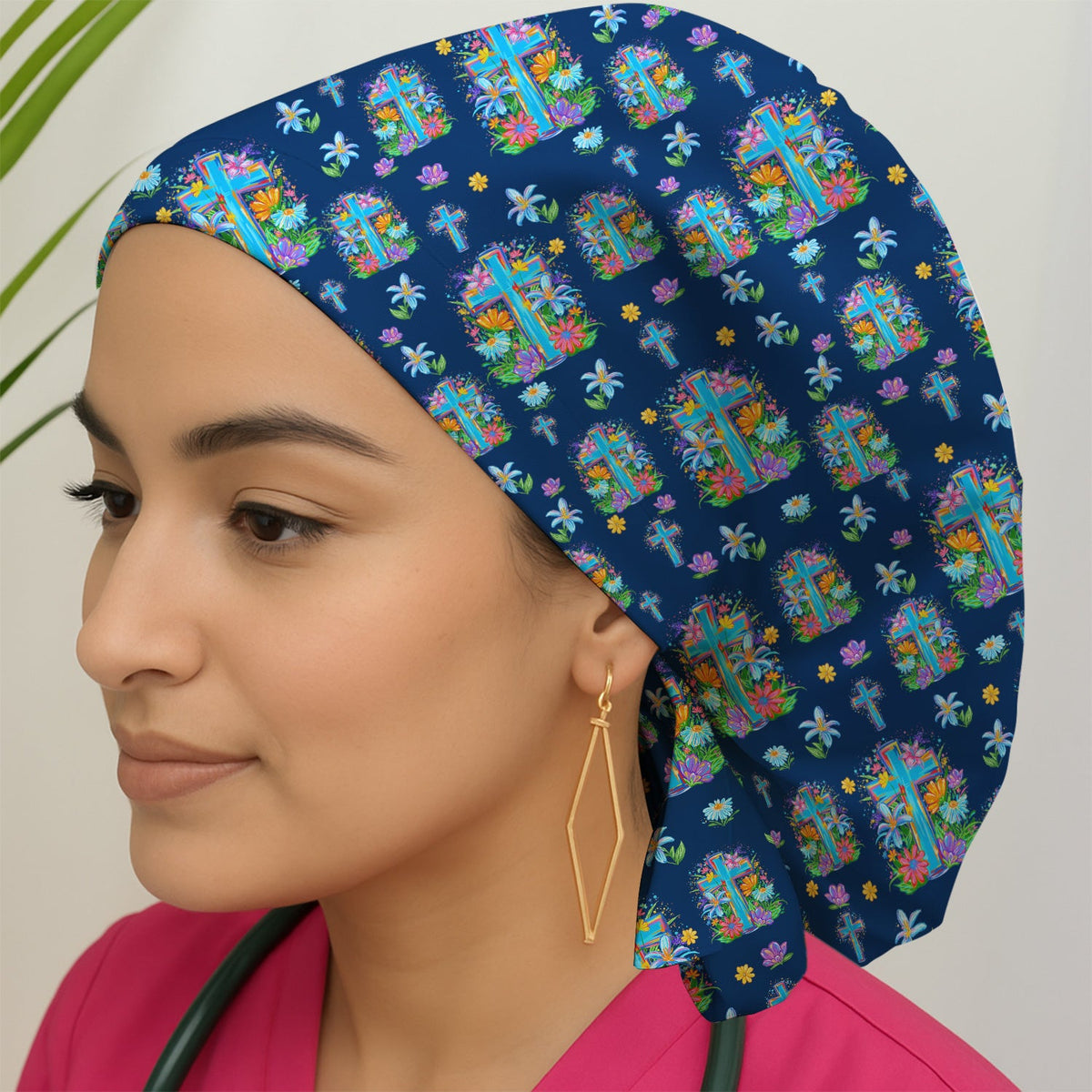 Christian Floral Cross Spring Scrub Cap