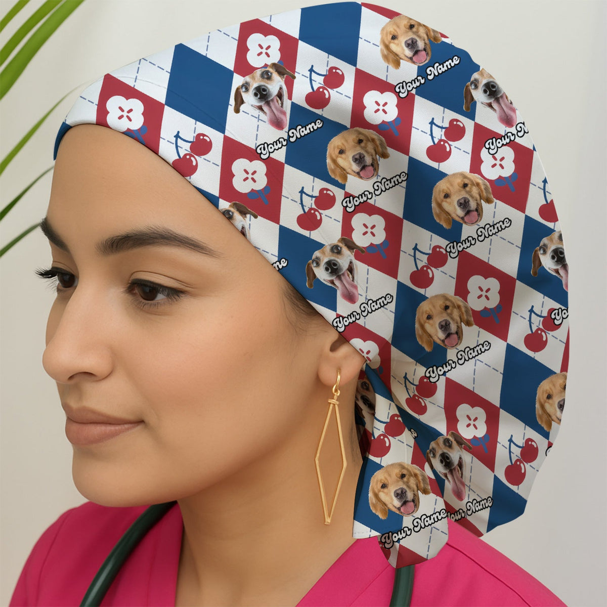 Dog Face Cherry Argyle Scrub Cap