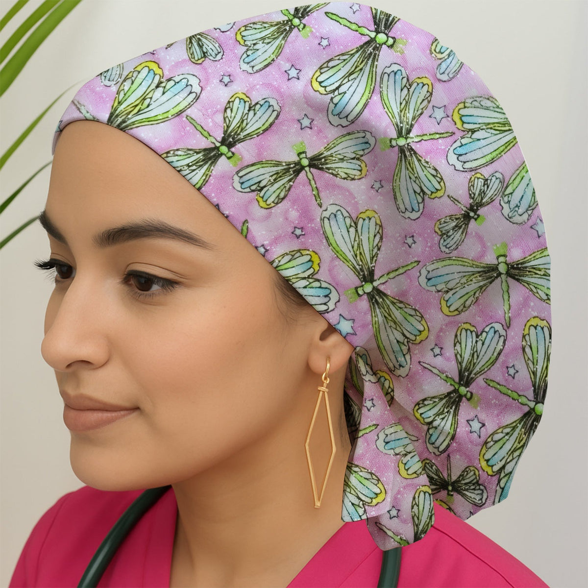 Dragonfly Pink Starry Scrub Cap