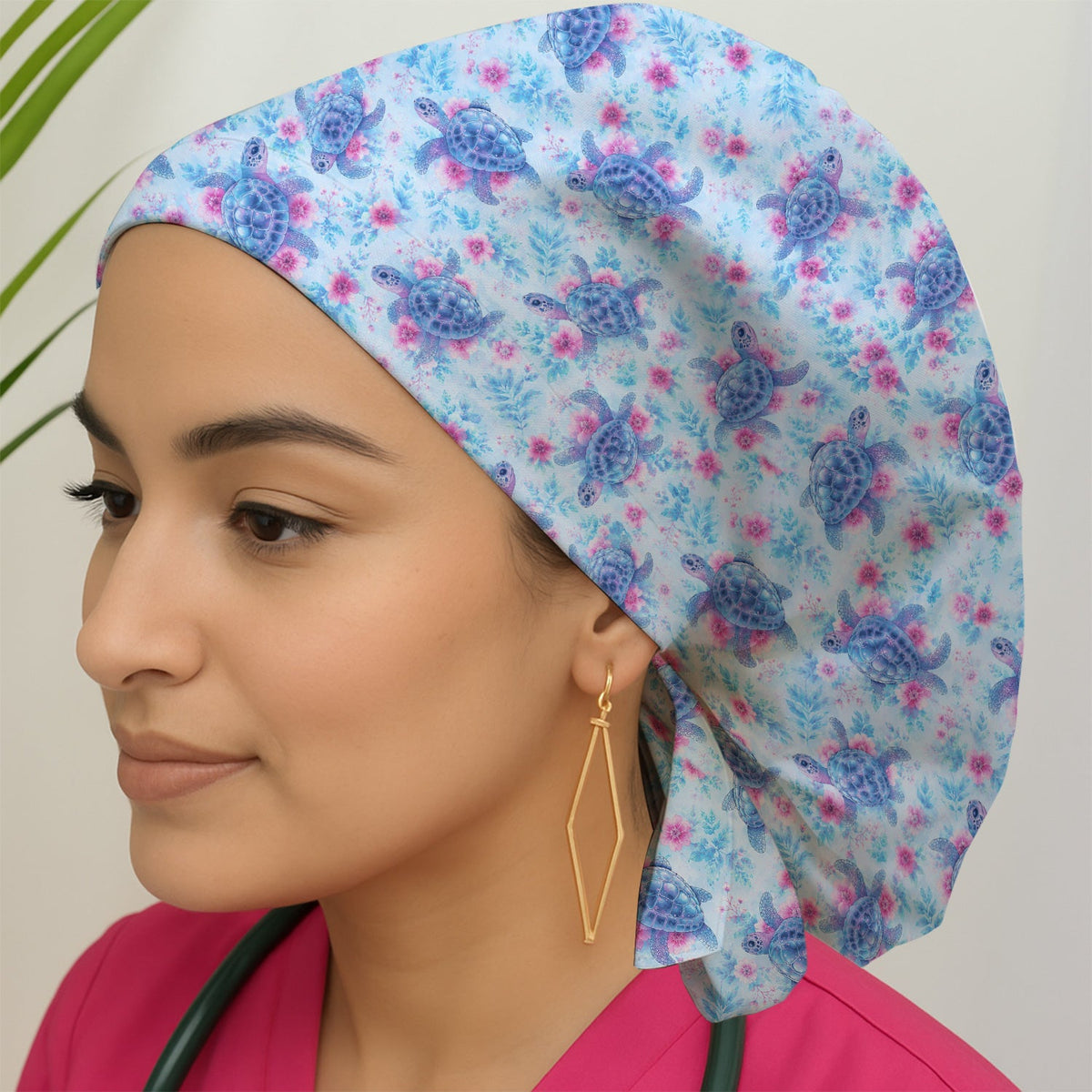 Sea Turtle Floral Scrub Cap