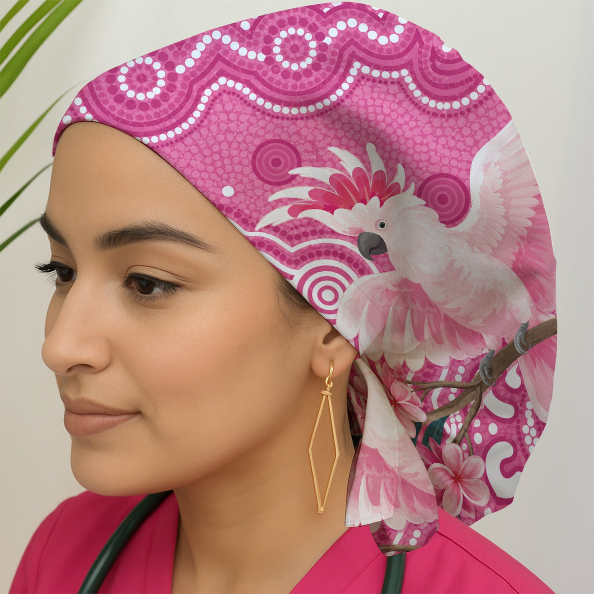 Pink Cockatoo Floral Dot Scrub Cap