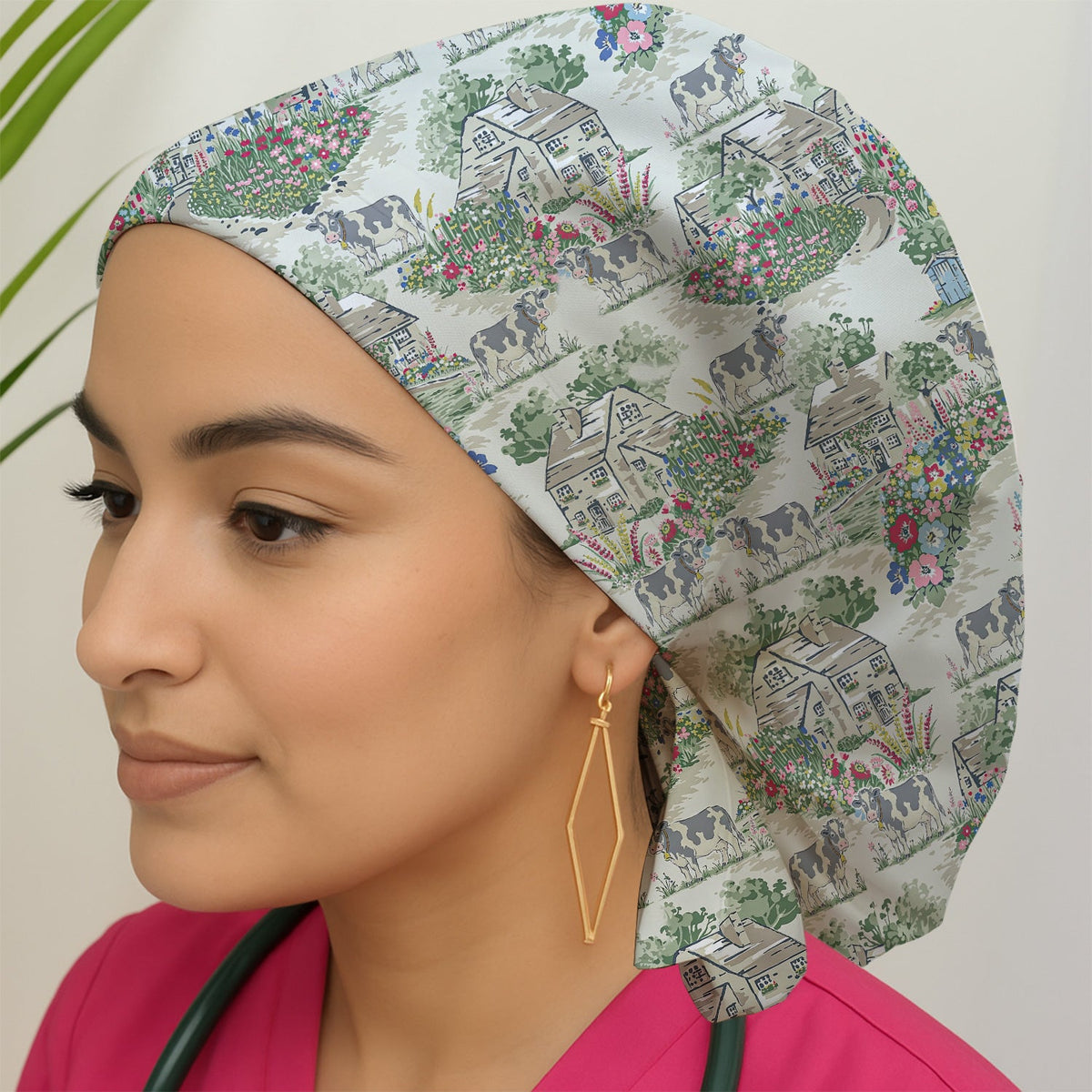 Countryside Cows Cottage Garden Scrub Cap