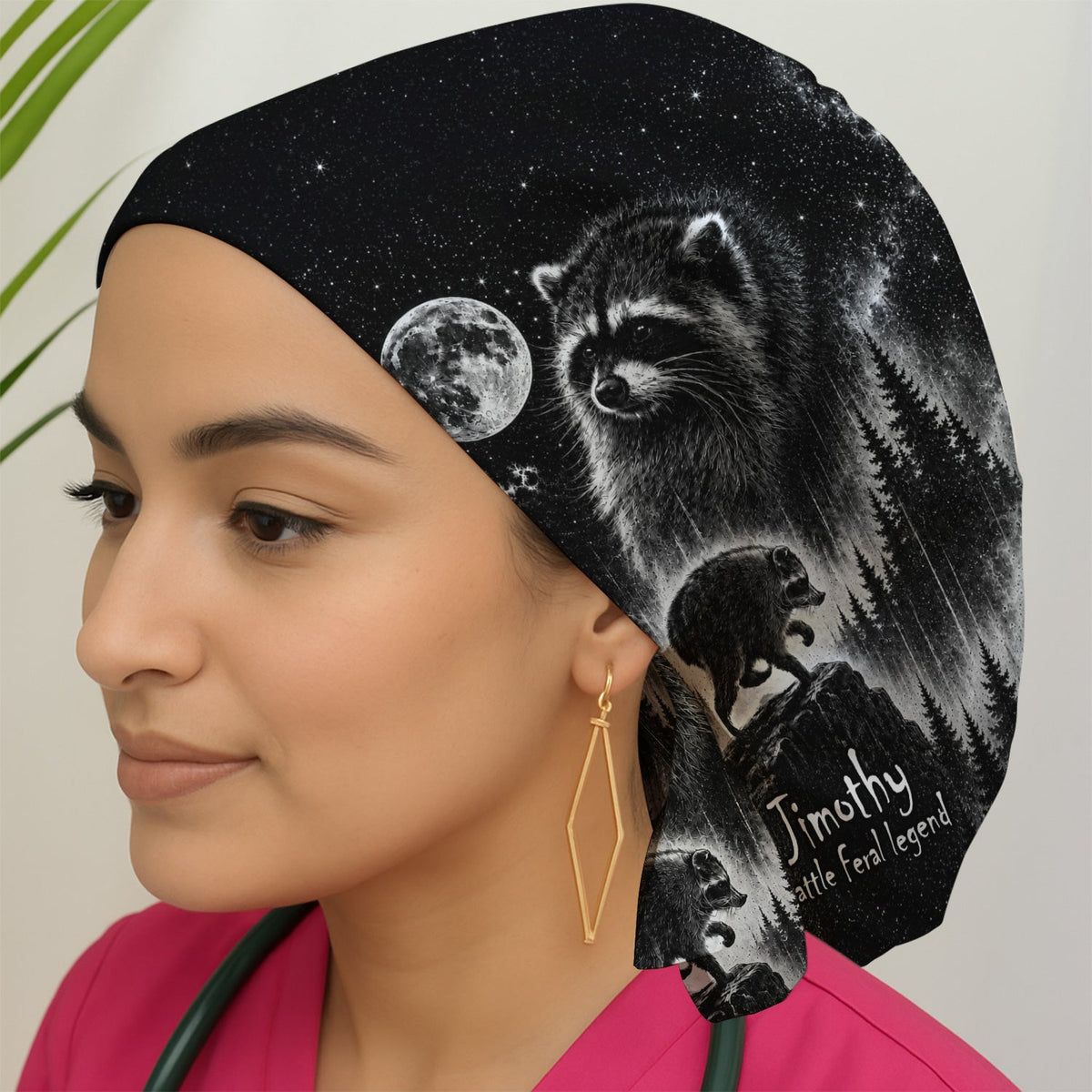 Moonlit Raccoon Forest Scrub Cap