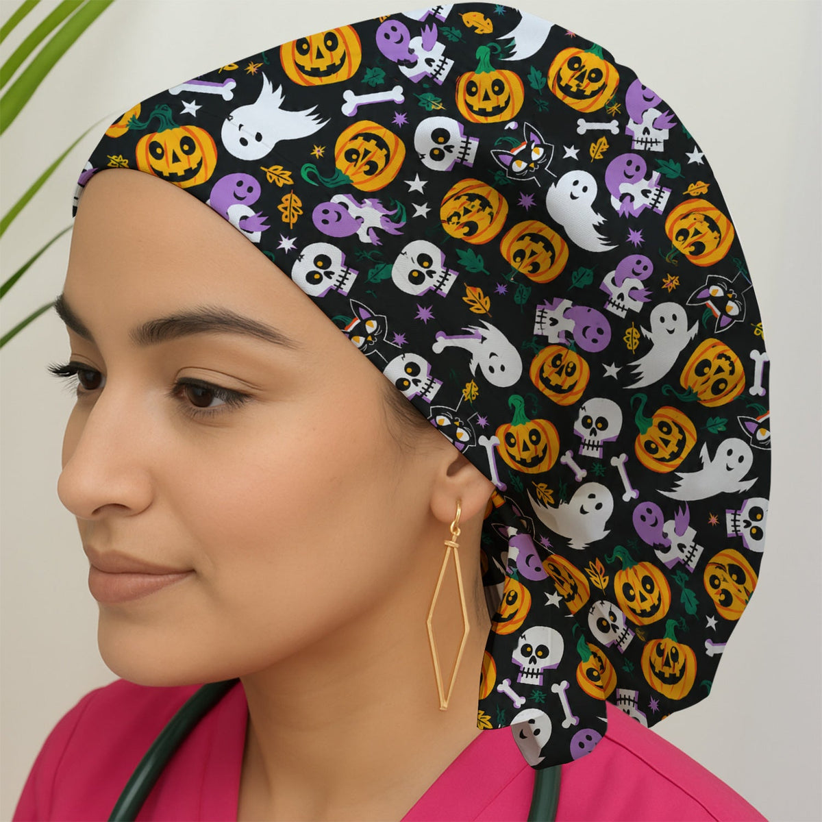 Spooky Pumpkin Ghost Print Scrub Cap