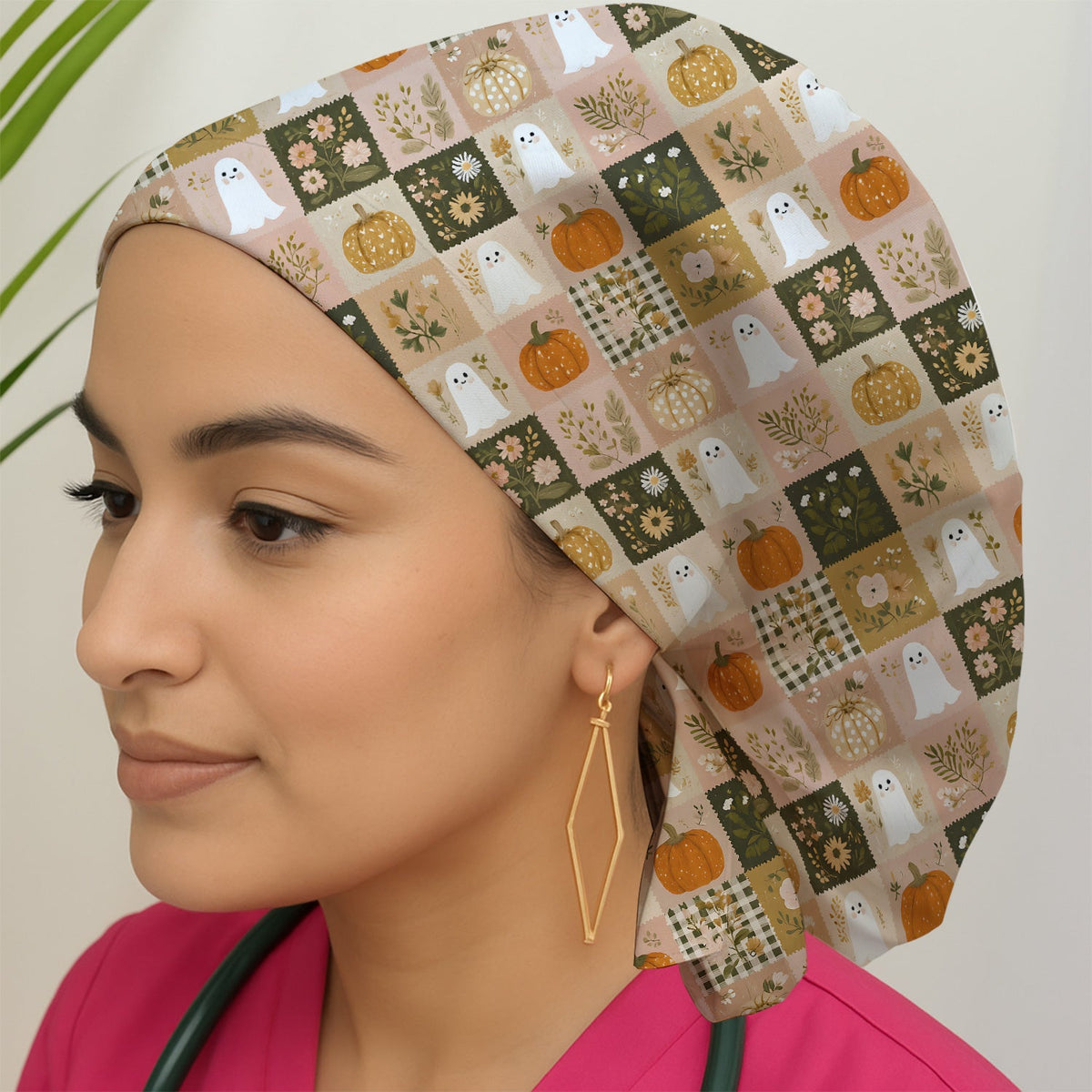 Halloween Ghost Pumpkin Patchwork Scrub Cap