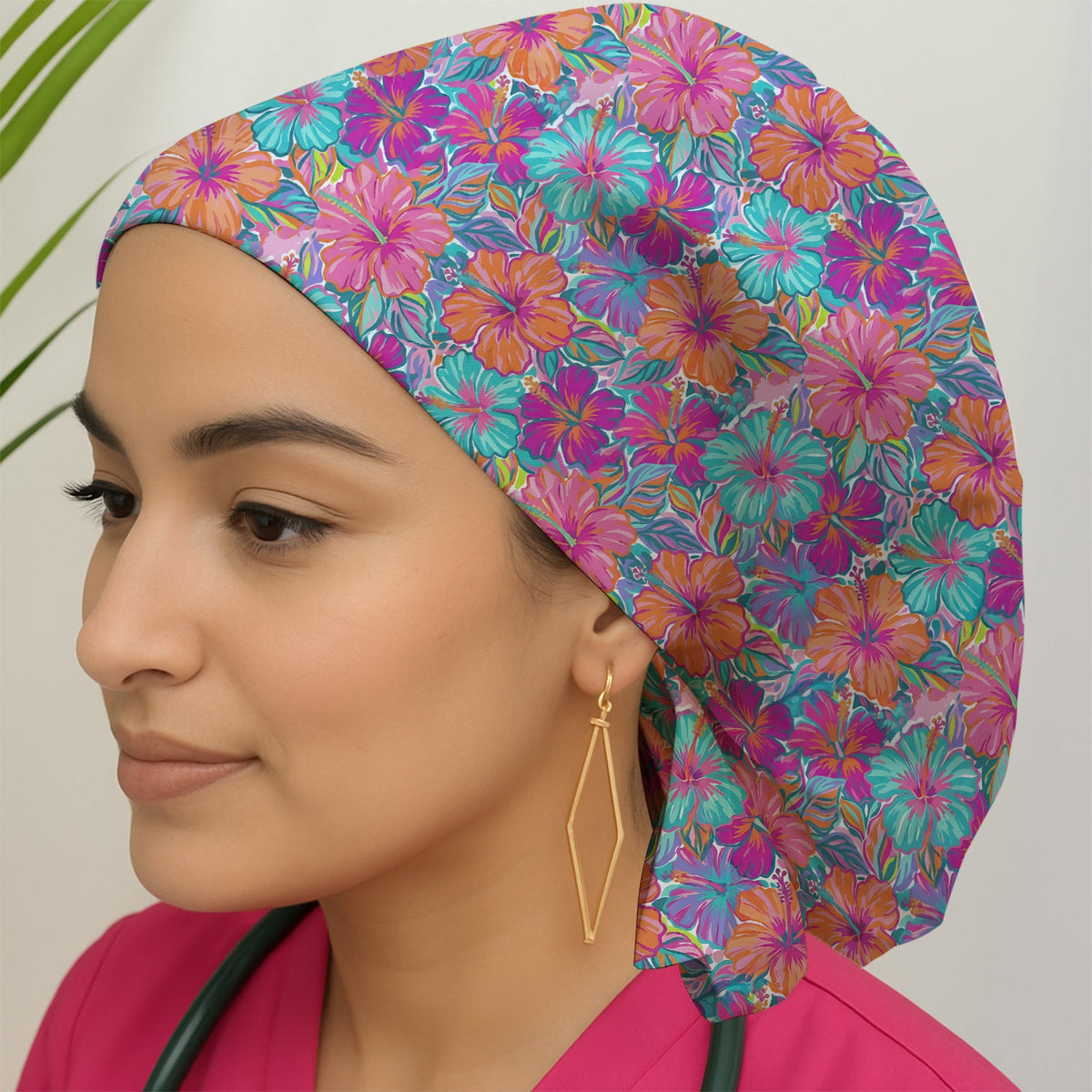 Vibrant Hibiscus Tropical Floral Scrub Cap