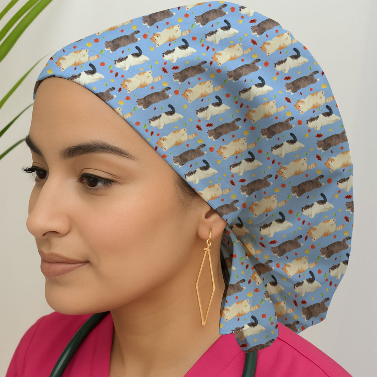 Chubby Cat Autumn Leaves Scrub Cap