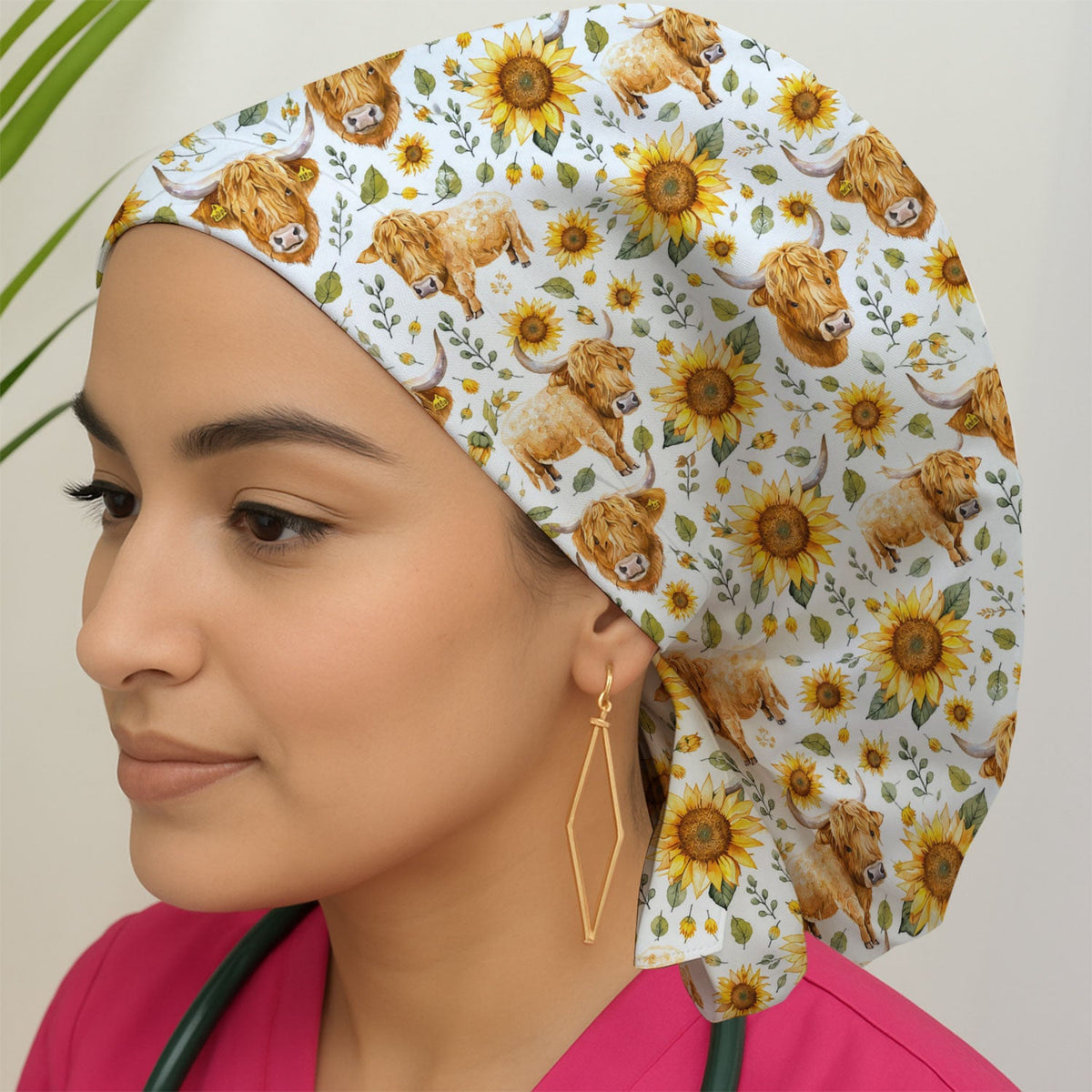 Highland Cow Sunflower Pattern Scrub Cap For Nurse
