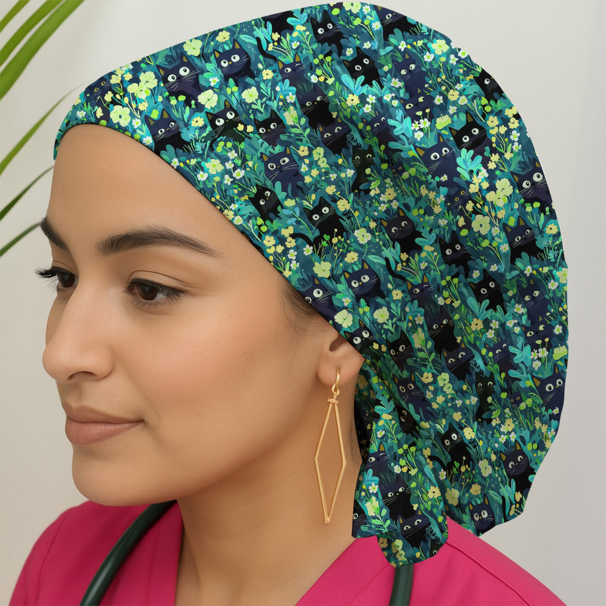 Black Cat Floral Scrub Cap