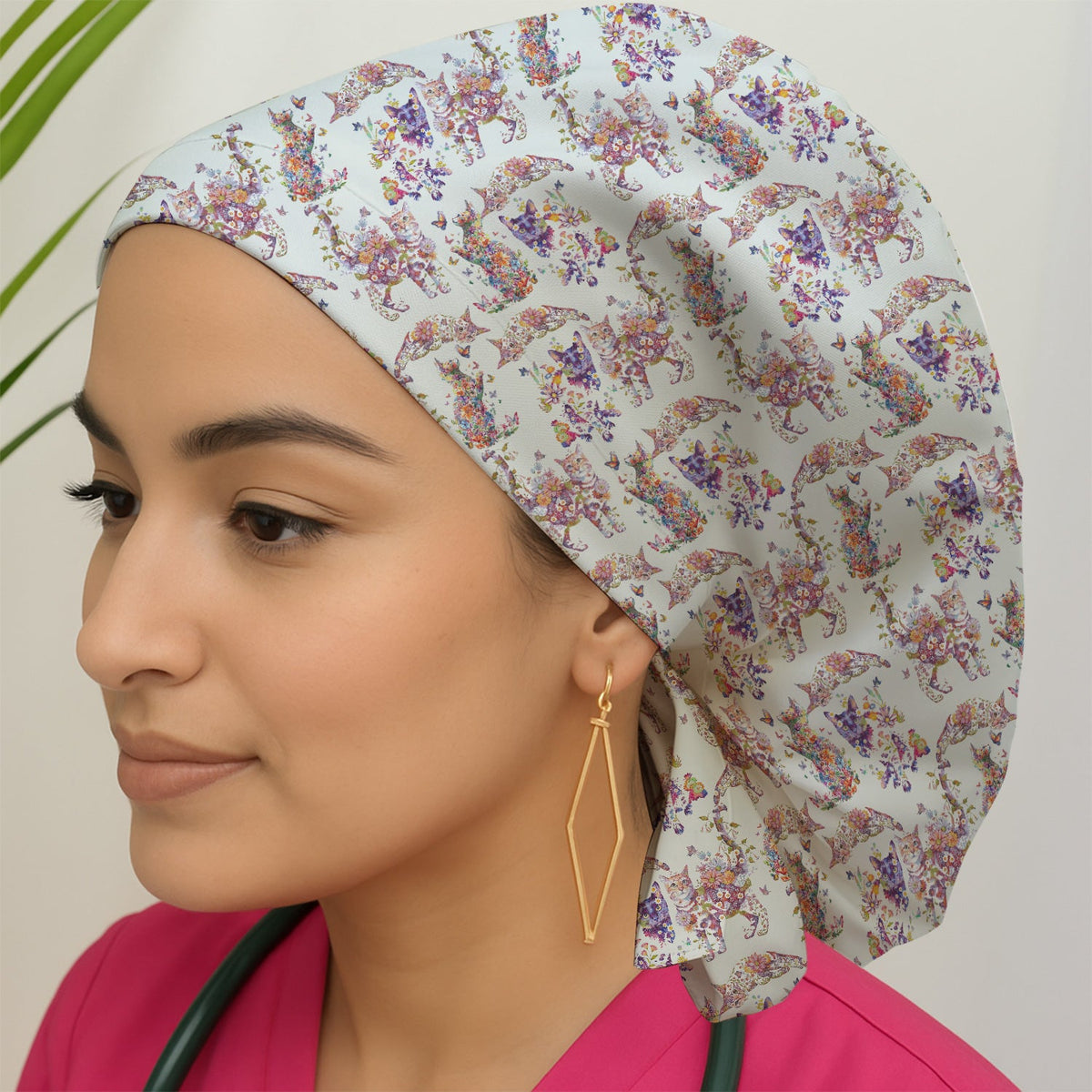 Whimsical Floral Cat Garden Scrub Cap