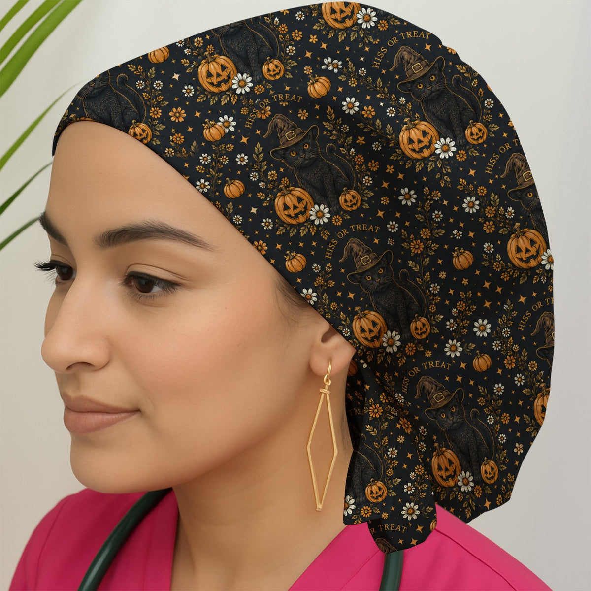 Black Cat Pumpkin Floral Scrub Cap - Halloween Gift For Nurse
