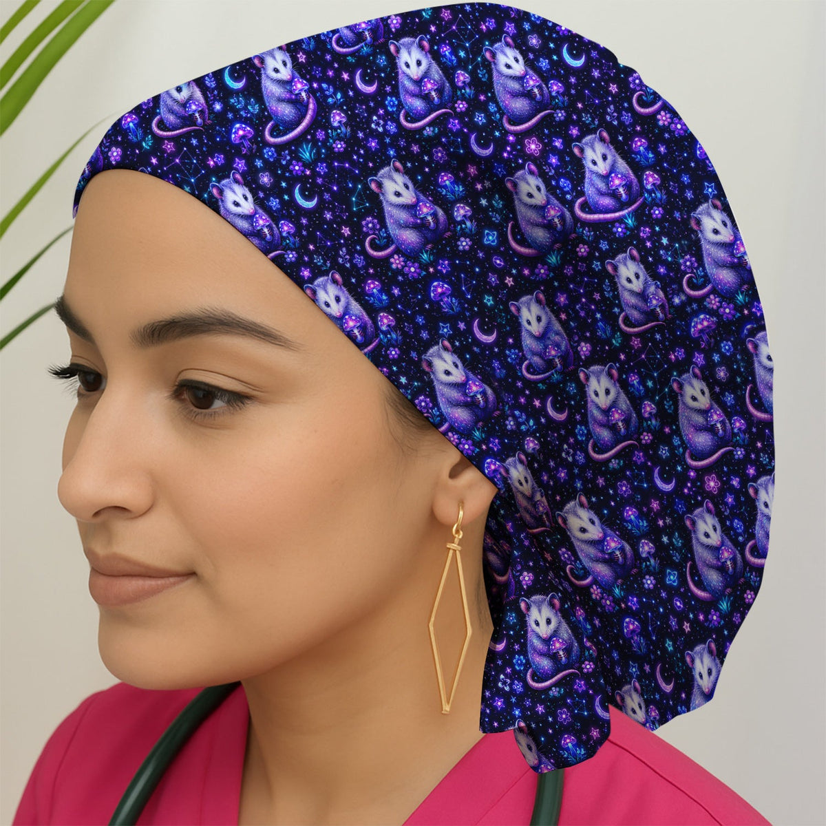 Neon Opossum Mushroom Galaxy Nurse Scrub Cap
