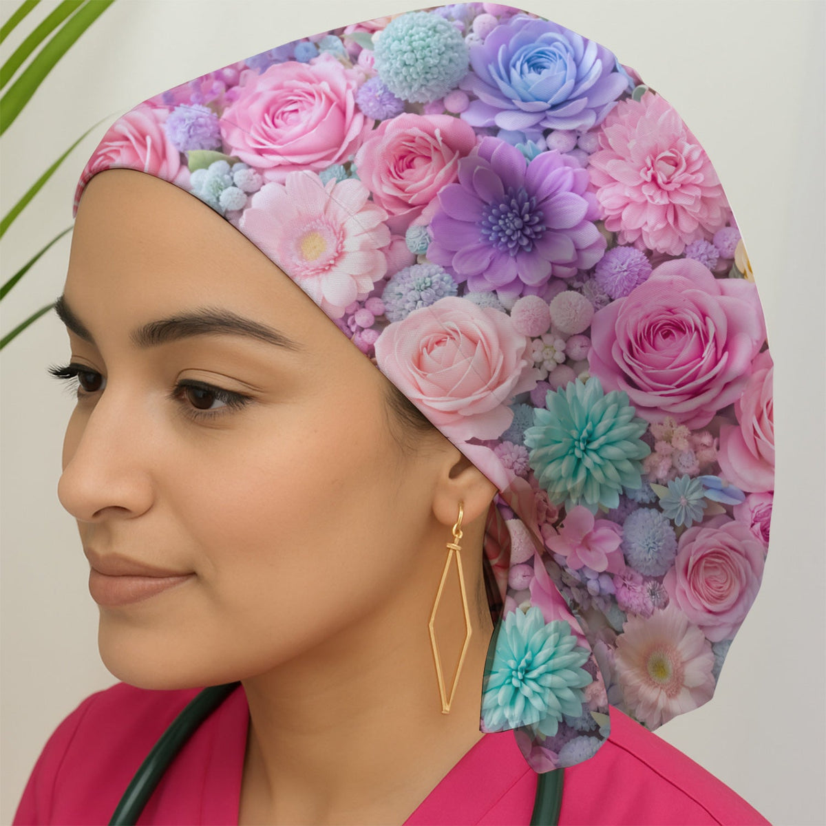 Pastel Floral Pink Rose Nurse Scrub Cap