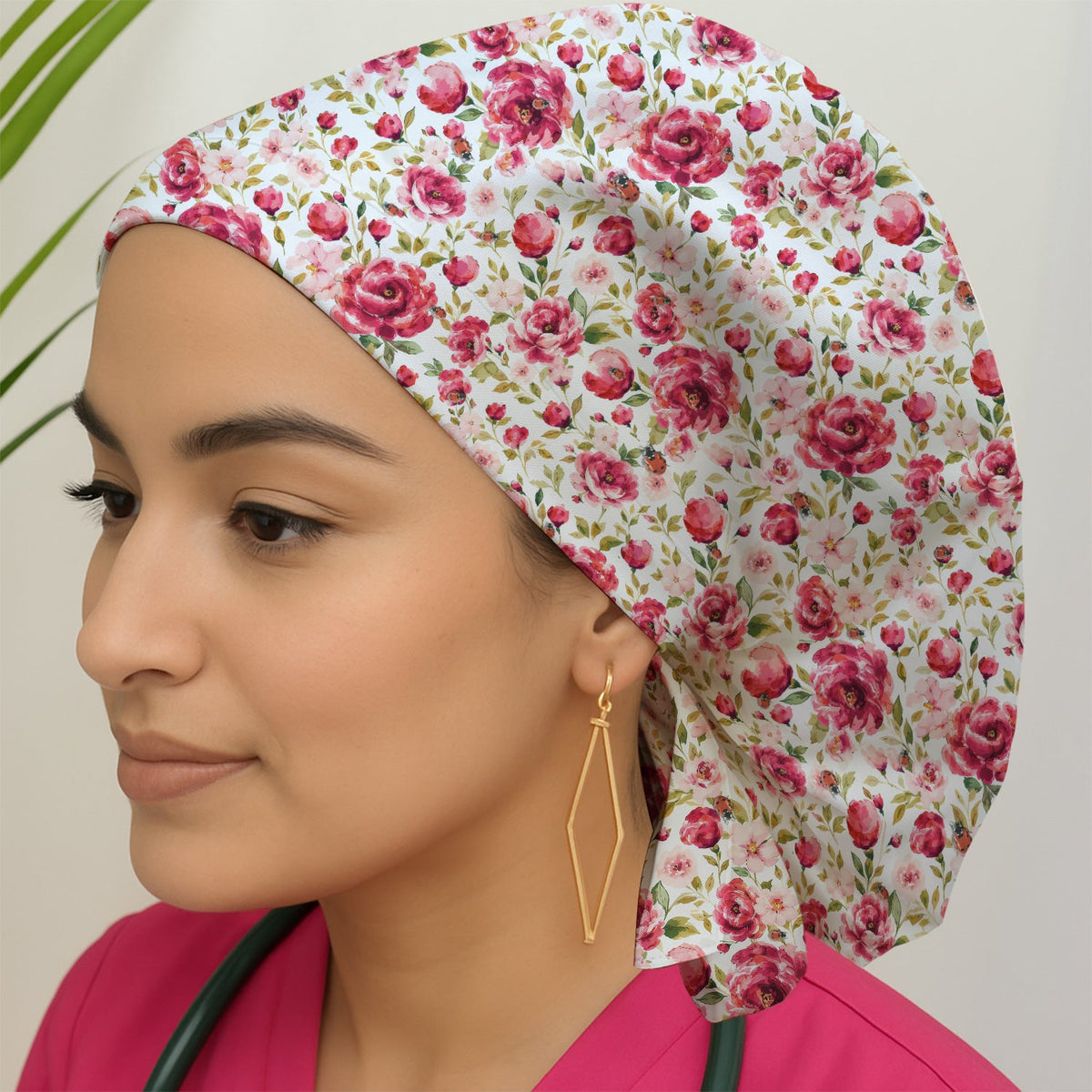 Pink Rose Ladybug Garden Scrub Cap