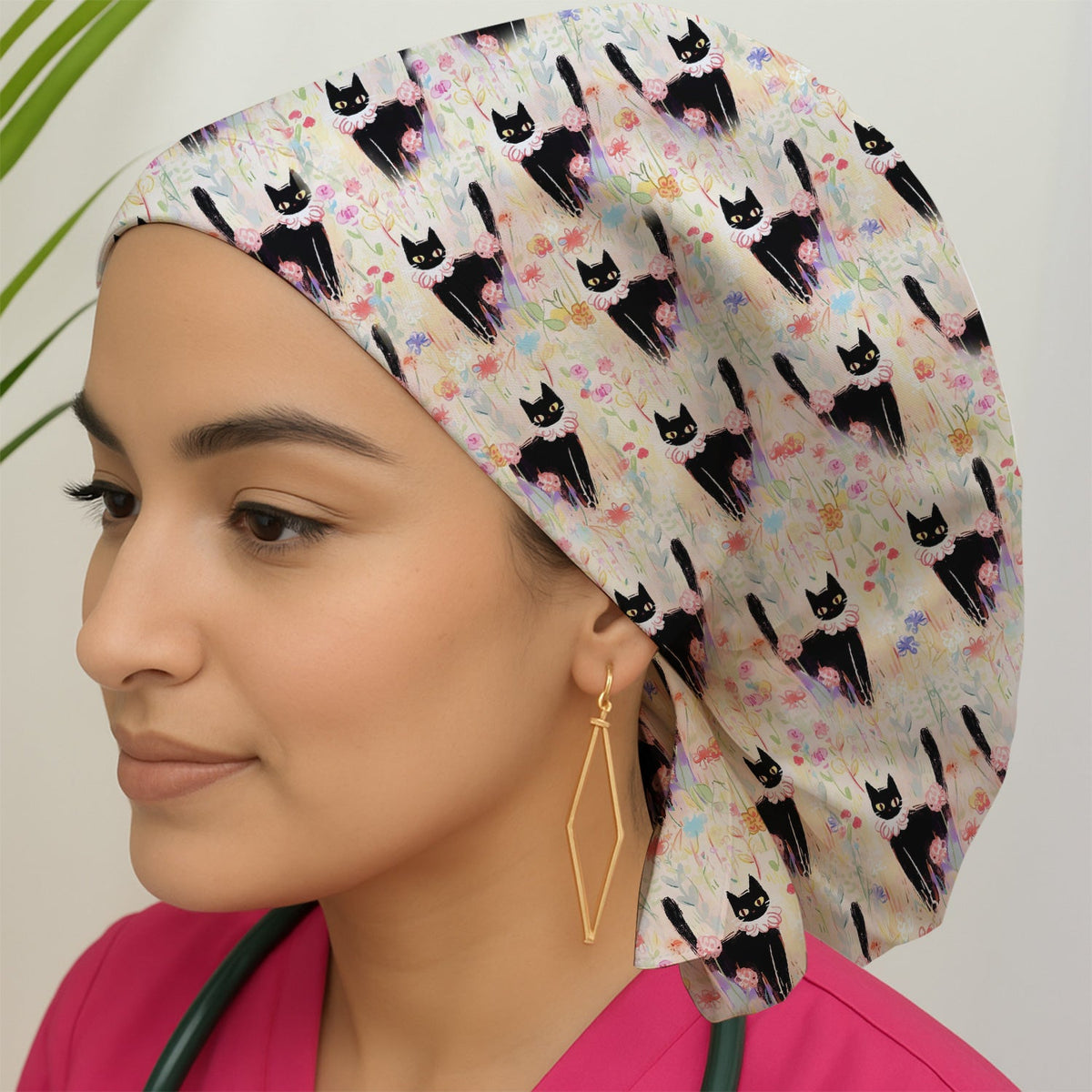Black Cat Floral Garden Scrub Cap