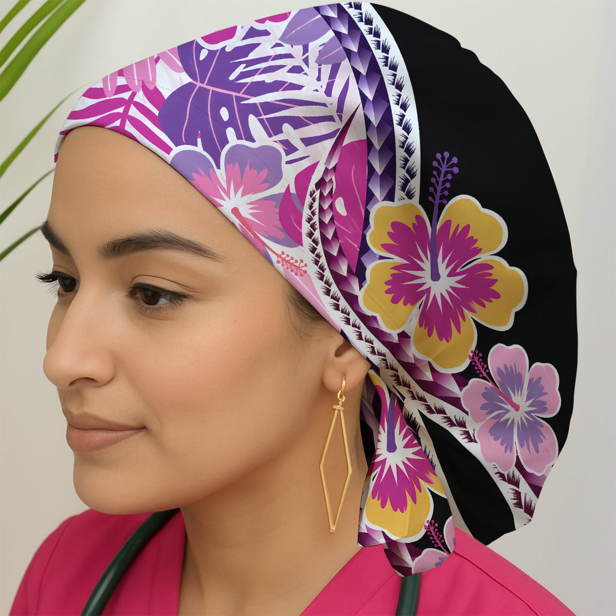 Tropical Hibiscus Leaf Nurse Scrub Cap