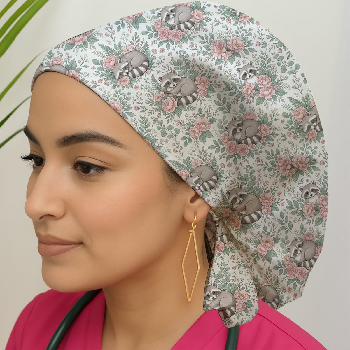 Sleeping Raccoon Rose Garden Scrub Cap