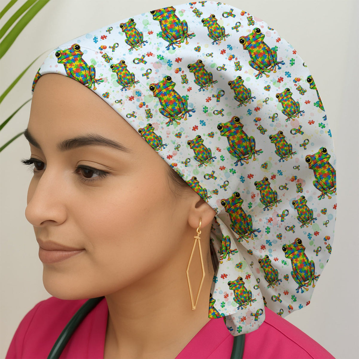 Colorful Autism Puzzle Frog Scrub Cap