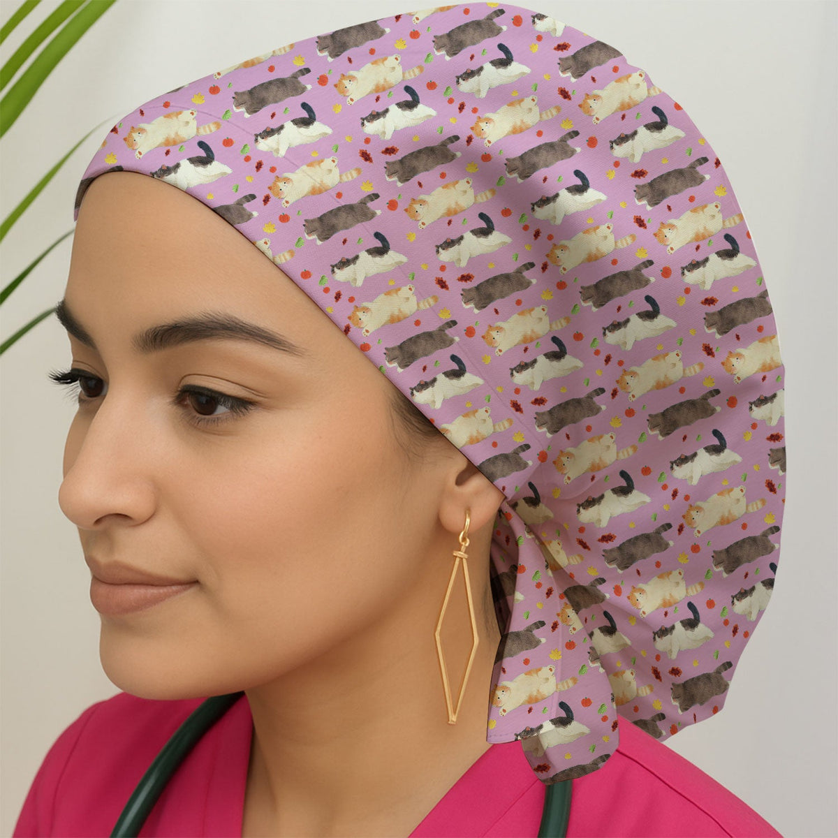 Chubby Cat Autumn Leaves Scrub Cap