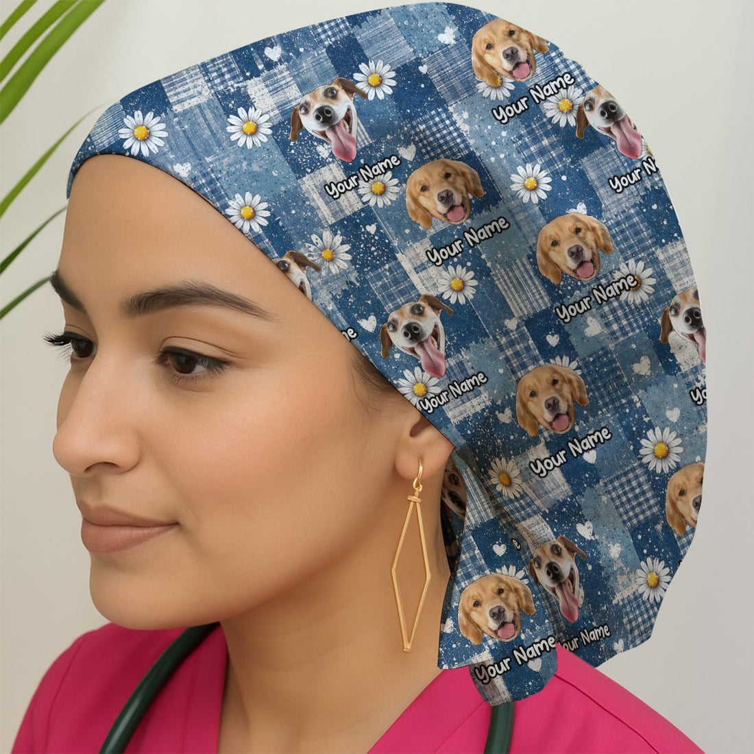 Personalized Dog Photo Patchwork Daisy Scrub Cap