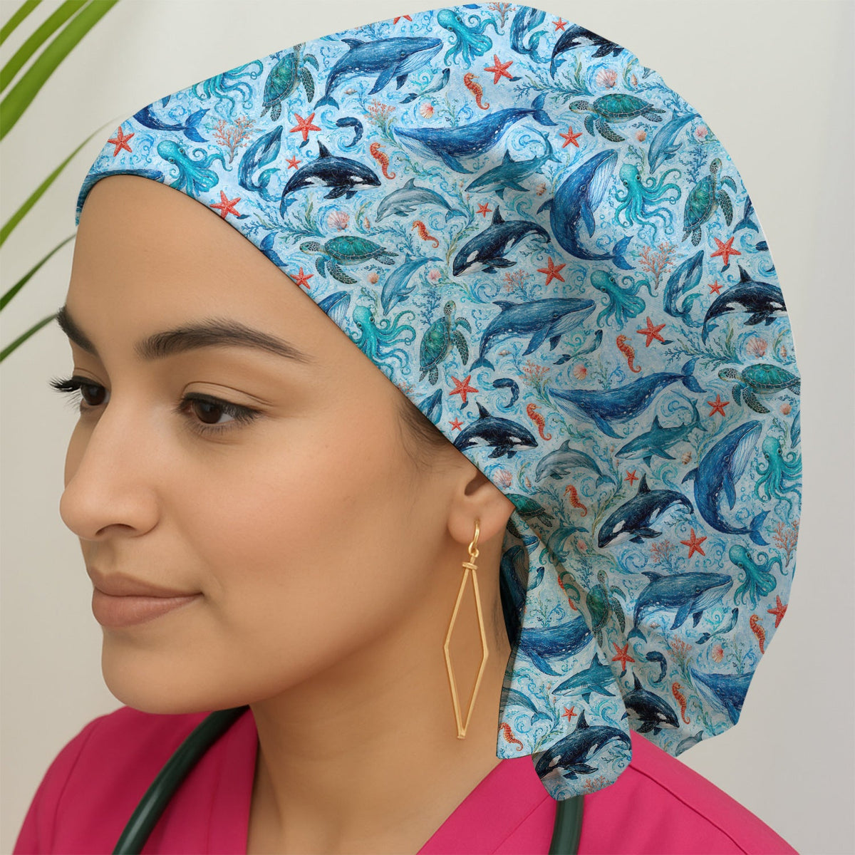 Watercolor Ocean Wildlife Scene Scrub Cap