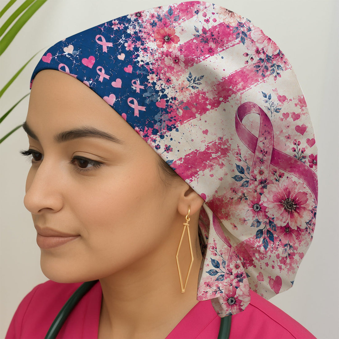 Breast Cancer Floral Flag Scrub Cap