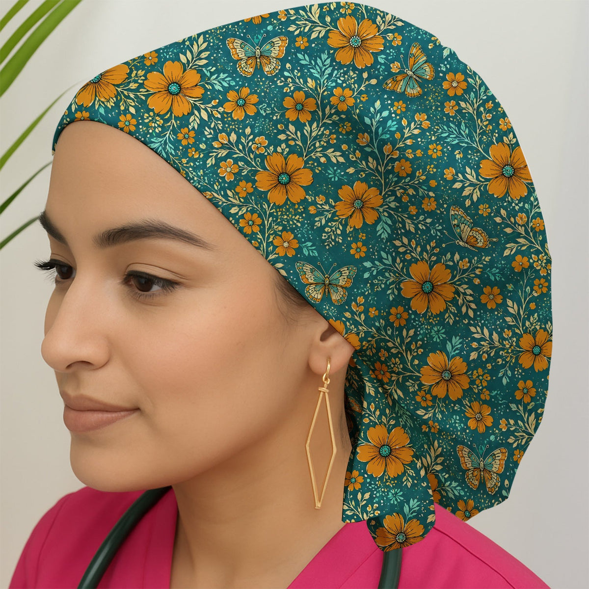 Orange Floral Butterfly Vine Nurse Scrub Cap