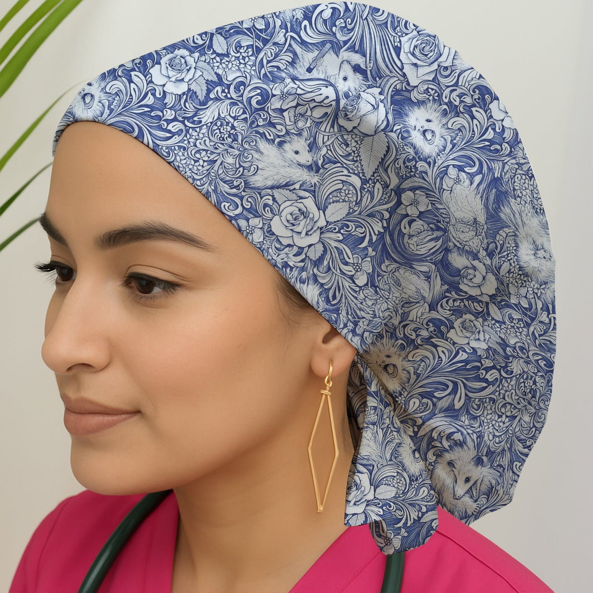 Blue Floral Opossum And Roses Scrub Cap