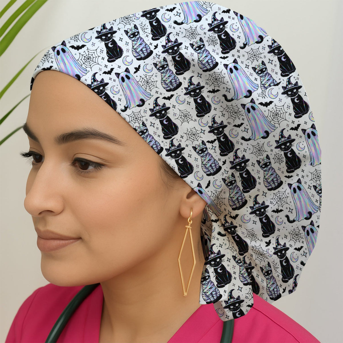 Ghost Witch Cat Scrub Cap - Halloween Gift For Nurse