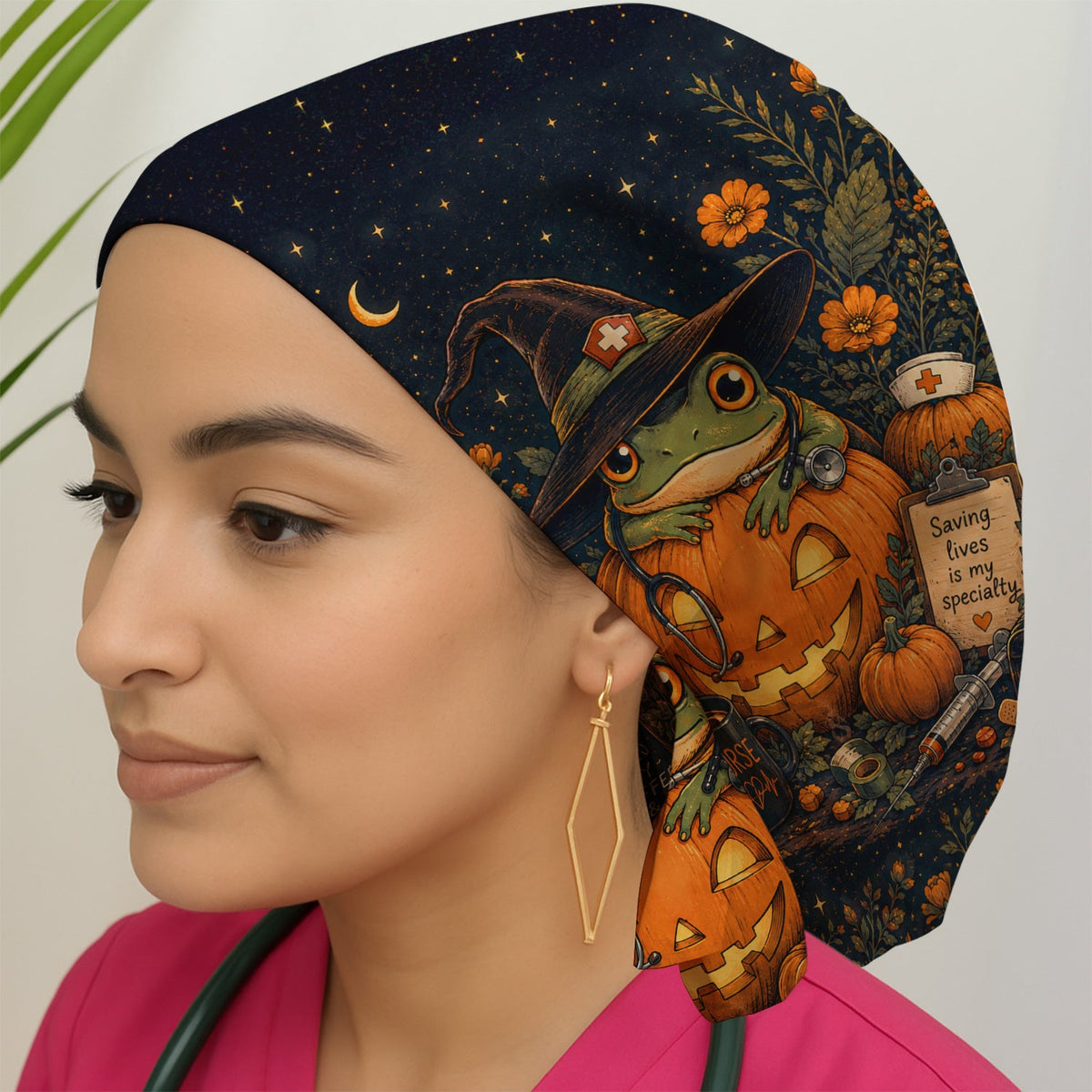 Witch Frog Pumpkin Scrub Cap - Halloween Gift For Nurse