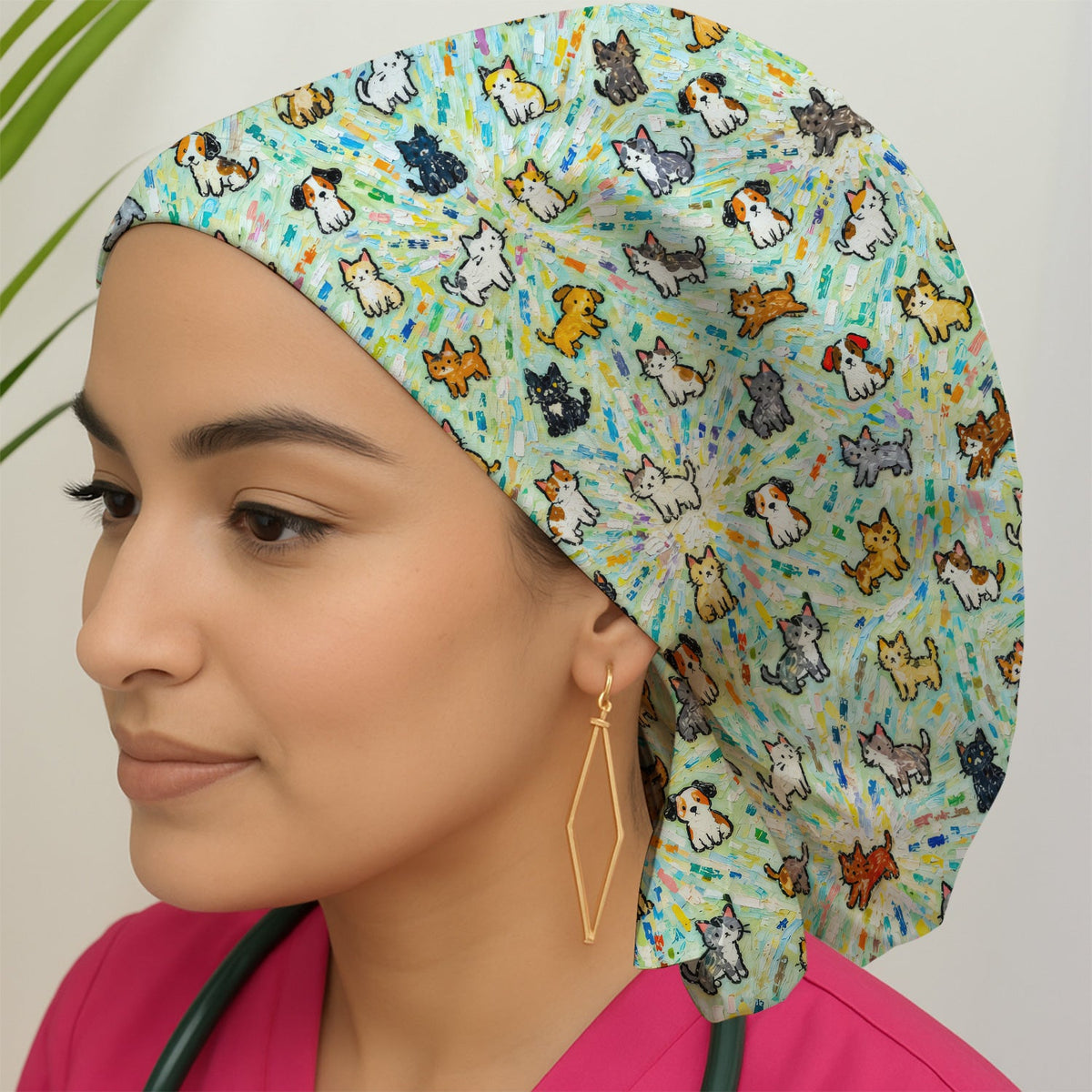 Colorful Cats Dogs Doodle Scrub Cap