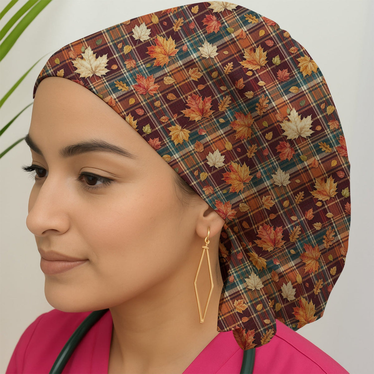 Autumn Plaid Maple Leaves Scrub Cap